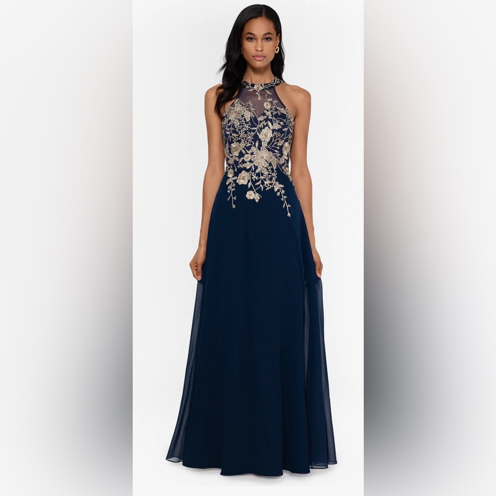 Betsy & Adam “Celeste” Long Embroidered Chiffon Gown